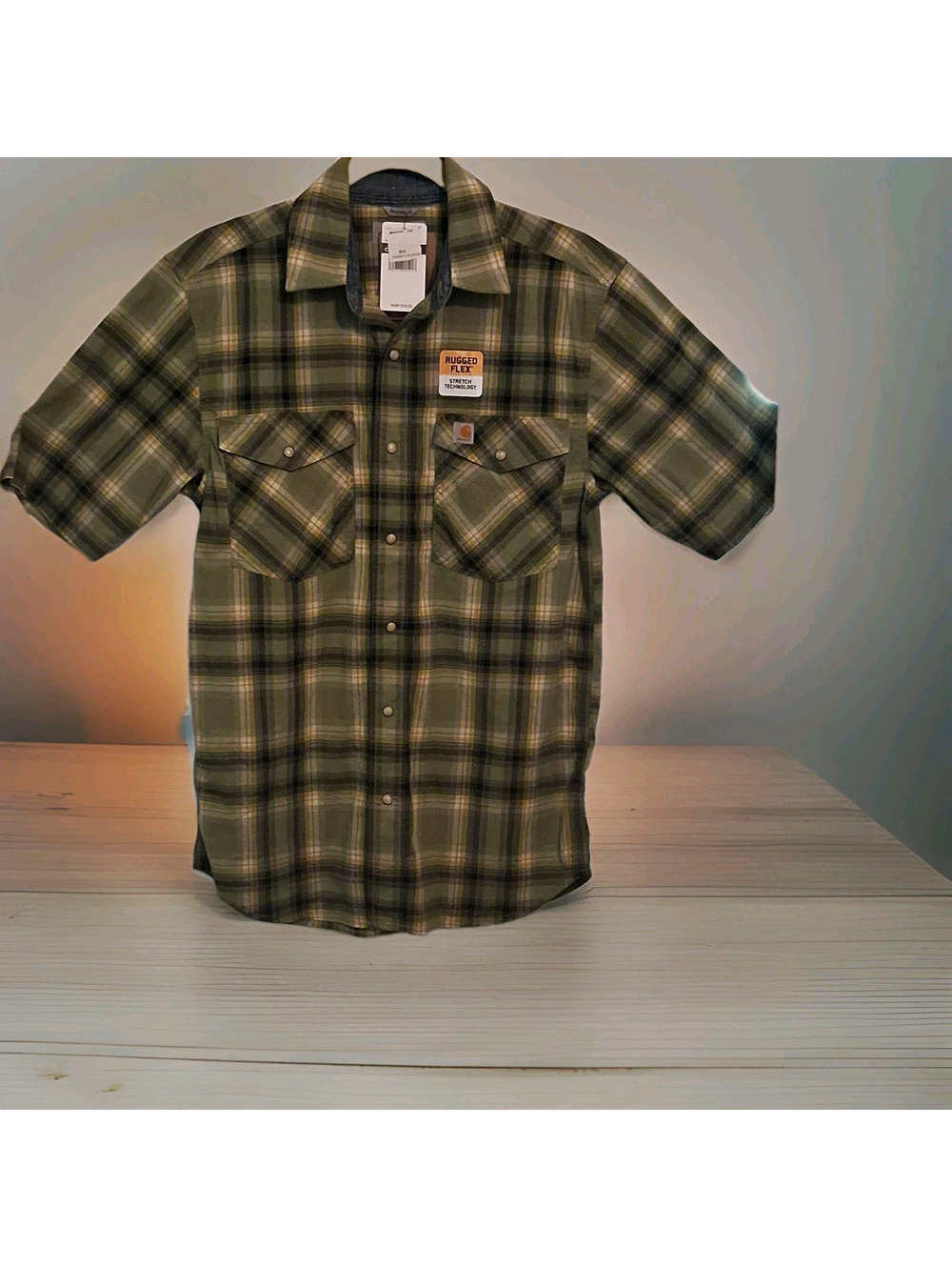 Carhartt Men's S Regular Green Plaid Short Sleeve Button-Up Shirt Pockets 103552